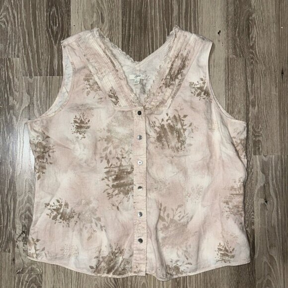 J. JILL 100% Linen Sleeveless Top Beige Florals Hints of Pink Size L - Picture 3 of 7
